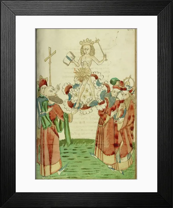 Framed Print : King Avenir, Josaphat and the Pagan Scholars Behold the Sun God in the Clouds, 1469. Creators: Hans Schilling, Diebolt Lauber Framed Print : King Avenir, Josaphat and the Pagan Scholars Behold the Sun God in the Clouds, 1469. Creators: Hans Schilling, Diebolt Lauber