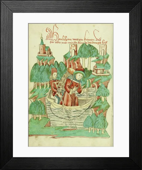 Framed Print : Barlaam, Carrying a Shoulder Pack, Crosses a River; Barlaam und Josaphat, 1469. Creators: Hans Schilling, Diebolt Lauber Framed Print : Barlaam, Carrying a Shoulder Pack, Crosses a River; Barlaam und Josaphat, 1469. Creators: Hans Schilling, Diebolt Lauber