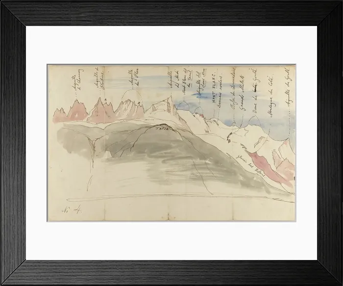 Framed Print : The Mont Blanc range from near Chamonix (recto): Sketches of the Mont Blanc range from the... 1843. Creator: John Ruskin Framed Print : The Mont Blanc range from near Chamonix (recto): Sketches of the Mont Blanc range from the... 1843. Creator: John Ruskin