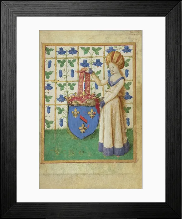 Framed Print : Coat of Arms Held by a Woman; Hours of Simon de Varie, 1455. Creator: Jean Fouquet Framed Print : Coat of Arms Held by a Woman; Hours of Simon de Varie, 1455. Creator: Jean Fouquet