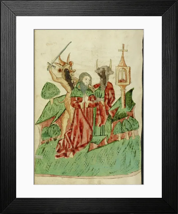 Framed Print : Josaphat Attacked by Two Demons; Barlaam und Josaphat, 1469. Creators: Hans Schilling, Diebolt Lauber Framed Print : Josaphat Attacked by Two Demons; Barlaam und Josaphat, 1469. Creators: Hans Schilling, Diebolt Lauber
