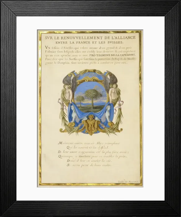 Framed Print : Escutcheon with a Landscape; Three Emblems for Louis XIV, about 1663-1668. Creator: Jacques Bailly Framed Print : Escutcheon with a Landscape; Three Emblems for Louis XIV, about 1663-1668. Creator: Jacques Bailly
