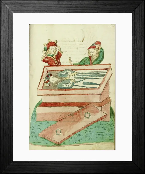 Framed Print : Josaphat and Another Man Mourn the Dead King Avenir in his Coffin; Barlaam und Josaphat, 1469. Creators: Hans Schilling, Diebolt Lauber Framed Print : Josaphat and Another Man Mourn the Dead King Avenir in his Coffin; Barlaam und Josaphat, 1469. Creators: Hans Schilling, Diebolt Lauber