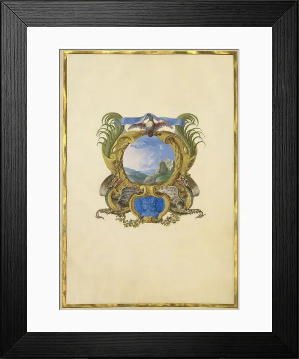 Framed Print : Escutcheon with a Castle; Three Emblems for Louis XIV, about 1663-1668. Creator: Jacques Bailly Framed Print : Escutcheon with a Castle; Three Emblems for Louis XIV, about 1663-1668. Creator: Jacques Bailly