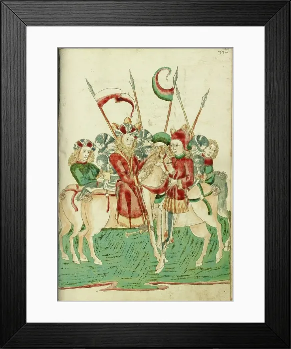 Framed Print : King Avenir and Josaphat Meet on Horseback, with Attendants; Barlaam und Josaphat, 1469. Creators: Hans Schilling, Diebolt Lauber Framed Print : King Avenir and Josaphat Meet on Horseback, with Attendants; Barlaam und Josaphat, 1469. Creators: Hans Schilling, Diebolt Lauber