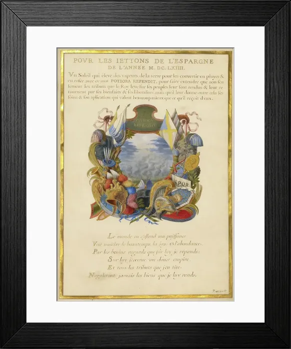 Framed Print : Escutcheon with a Landscape; Nine Emblems for Louis XIV, about 1663-1668. Creator: Jacques Bailly