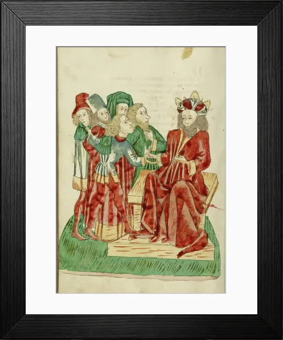 Framed Print : King Avenir Converses with his Courtiers; Barlaam und Josaphat, 1469. Creators: Hans Schilling, Diebolt Lauber Framed Print : King Avenir Converses with his Courtiers; Barlaam und Josaphat, 1469. Creators: Hans Schilling, Diebolt Lauber