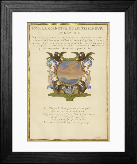 Framed Print : Escutcheon with a Landscape; Nine Emblems for Louis XIV, about 1663-1668. Creator: Jacques Bailly Framed Print : Escutcheon with a Landscape; Nine Emblems for Louis XIV, about 1663-1668. Creator: Jacques Bailly