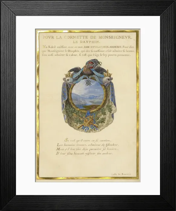 Framed Print : Escutcheon with a Landscape; Nine Emblems for Louis XIV, about 1663-1668. Creator: Jacques Bailly Framed Print : Escutcheon with a Landscape; Nine Emblems for Louis XIV, about 1663-1668. Creator: Jacques Bailly