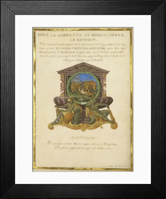 Framed Print : Escutcheon with a Lion Attacking a Cheetah; Nine Emblems for Louis XIV, about 1663-1668. Creator: Jacques Bailly Framed Print : Escutcheon with a Lion Attacking a Cheetah; Nine Emblems for Louis XIV, about 1663-1668. Creator: Jacques Bailly