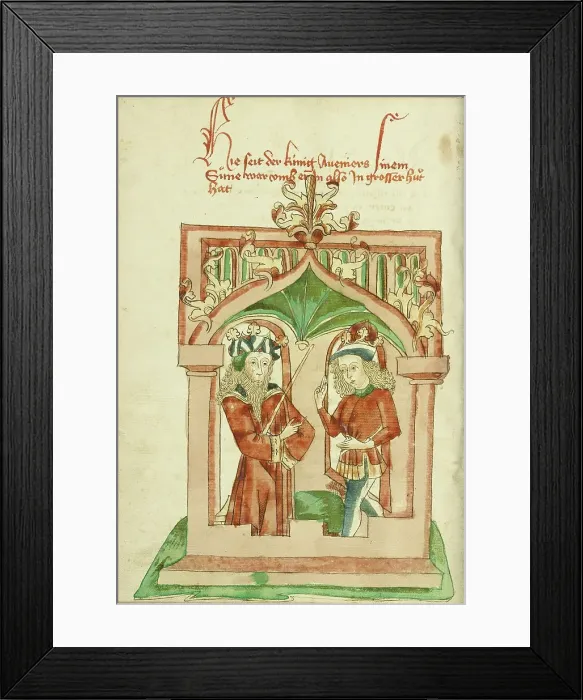 Framed Print : King Avenir Converses with Josaphat; Barlaam und Josaphat, 1469. Creators: Hans Schilling, Diebolt Lauber Framed Print : King Avenir Converses with Josaphat; Barlaam und Josaphat, 1469. Creators: Hans Schilling, Diebolt Lauber