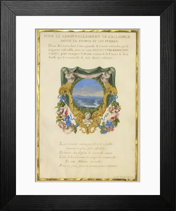 Framed Print : Escutcheon with a Landscape; Nine Emblems for Louis XIV; Emblem for Louis XIV, about 1663-1668. Creator: Jacques Bailly Framed Print : Escutcheon with a Landscape; Nine Emblems for Louis XIV; Emblem for Louis XIV, about 1663-1668. Creator: Jacques Bailly