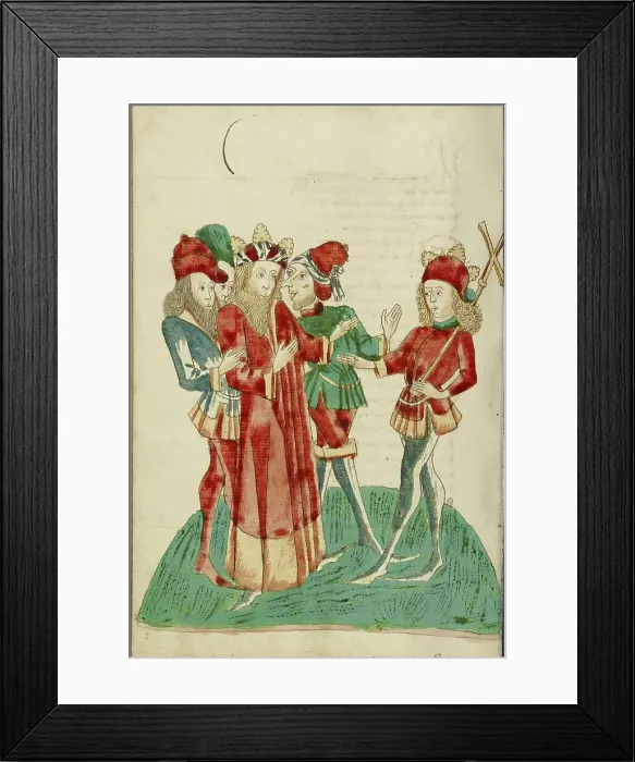 Framed Print : King Avenir with Courtiers Converses with Josaphat; Barlaam und Josaphat, 1469. Creators: Hans Schilling, Diebolt Lauber Framed Print : King Avenir with Courtiers Converses with Josaphat; Barlaam und Josaphat, 1469. Creators: Hans Schilling, Diebolt Lauber