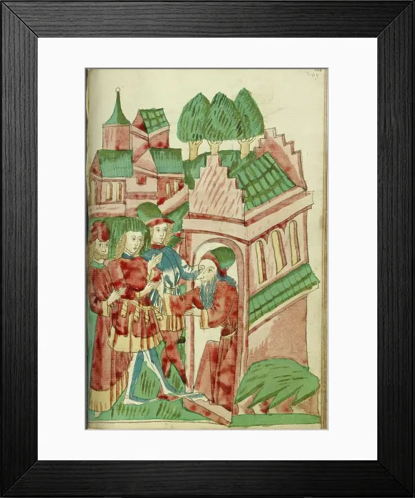 Framed Print : Three Men Approach a Hermit; Barlaam und Josaphat, 1469. Creators: Hans Schilling, Diebolt Lauber Framed Print : Three Men Approach a Hermit; Barlaam und Josaphat, 1469. Creators: Hans Schilling, Diebolt Lauber