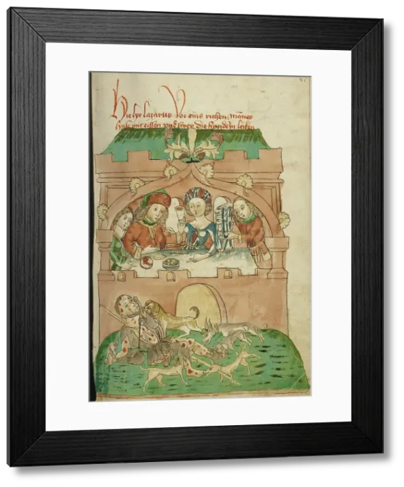 Framed Print : The Banquet of the Rich Man with Lazarus Outside Attacked by Dogs; Barlaam und Josaphat, 1469. Creators: Hans Schilling, Diebolt Lauber Framed Print : The Banquet of the Rich Man with Lazarus Outside Attacked by Dogs; Barlaam und Josaphat, 1469. Creators: Hans Schilling, Diebolt Lauber