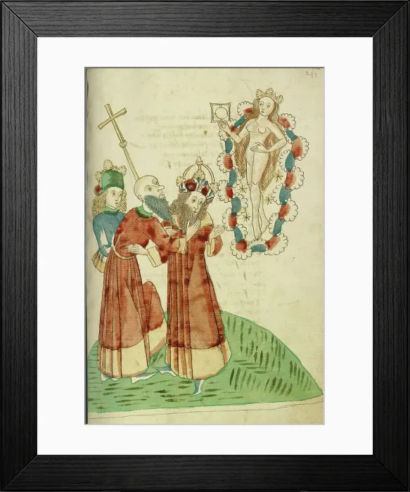 Framed Print : King Avenir, Josaphat, and a Pagan Scholar Behold the Personification of Venus, 1469. Creators: Hans Schilling, Diebolt Lauber Framed Print : King Avenir, Josaphat, and a Pagan Scholar Behold the Personification of Venus, 1469. Creators: Hans Schilling, Diebolt Lauber