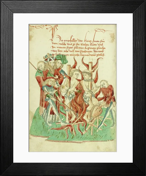 Framed Print : King Avenir Ordering the Burning of Two Monks in the Presence of his Son Josaphat, 1469. Creators: Hans Schilling, Diebolt Lauber Framed Print : King Avenir Ordering the Burning of Two Monks in the Presence of his Son Josaphat, 1469. Creators: Hans Schilling, Diebolt Lauber