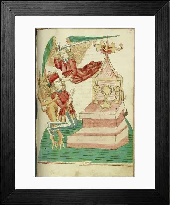 Framed Print : Josaphat in Prayer is Tempted by the Devil But Protected by an Angel; Barlaam und Josaphat, 1469. Creators: Hans Schilling, Diebolt Lauber Framed Print : Josaphat in Prayer is Tempted by the Devil But Protected by an Angel; Barlaam und Josaphat, 1469. Creators: Hans Schilling, Diebolt Lauber