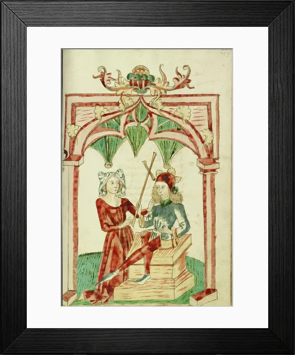 Framed Print : A Woman Touches the Hair of the Enthroned Josaphat; Barlaam und Josaphat, 1469. Creators: Hans Schilling, Diebolt Lauber Framed Print : A Woman Touches the Hair of the Enthroned Josaphat; Barlaam und Josaphat, 1469. Creators: Hans Schilling, Diebolt Lauber