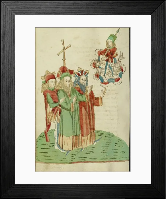 Framed Print : King Avenir, Josaphat, and a Pagan Scholar Behold an Image of Adonis and his Hounds, 1469. Creators: Hans Schilling, Diebolt Lauber Framed Print : King Avenir, Josaphat, and a Pagan Scholar Behold an Image of Adonis and his Hounds, 1469. Creators: Hans Schilling, Diebolt Lauber