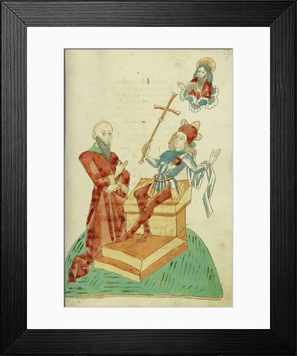 Framed Print : A Pagan Scholar before Josaphat, who Gestures to God the Father in Heaven, 1469. Creators: Hans Schilling, Diebolt Lauber Framed Print : A Pagan Scholar before Josaphat, who Gestures to God the Father in Heaven, 1469. Creators: Hans Schilling, Diebolt Lauber