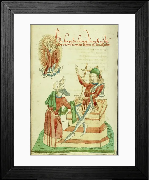 Framed Print : The Counsellor of King Avenir before Josaphat, who Gestures to the Virgin in Heaven, 1469. Creators: Hans Schilling, Diebolt Lauber Framed Print : The Counsellor of King Avenir before Josaphat, who Gestures to the Virgin in Heaven, 1469. Creators: Hans Schilling, Diebolt Lauber