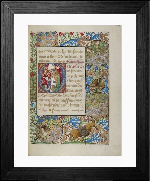 Framed Print : Initial O: Saint Nicholas Blessing a Child; Book of Hours, about 1480-1490. Creator: Georges Trubert Framed Print : Initial O: Saint Nicholas Blessing a Child; Book of Hours, about 1480-1490. Creator: Georges Trubert