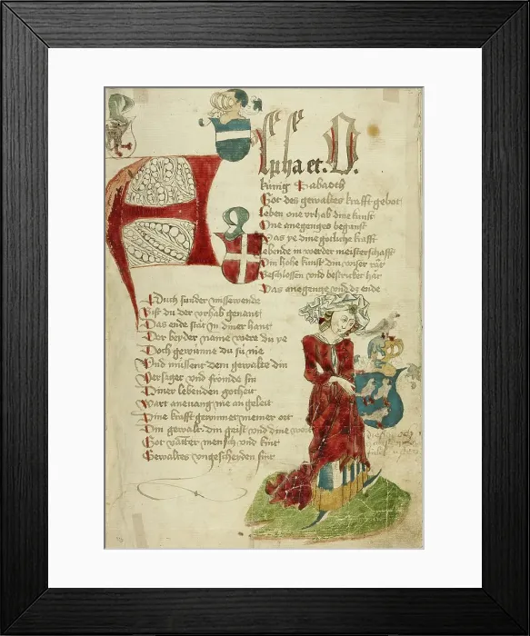 Framed Print : A Modishly Clothed Woman with the Falkenstein Coat of Arms; Barlaam und Josaphat, 1469. Creators: Hans Schilling, Diebolt Lauber Framed Print : A Modishly Clothed Woman with the Falkenstein Coat of Arms; Barlaam und Josaphat, 1469. Creators: Hans Schilling, Diebolt Lauber