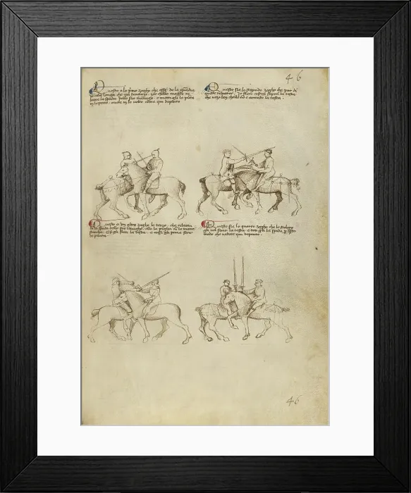 Framed Print : Equestrian Combat with Sword; Fior di Battaglia, about 1410. Creator: Fiore Furlan dei Liberi da Premariacco Framed Print : Equestrian Combat with Sword; Fior di Battaglia, about 1410. Creator: Fiore Furlan dei Liberi da Premariacco