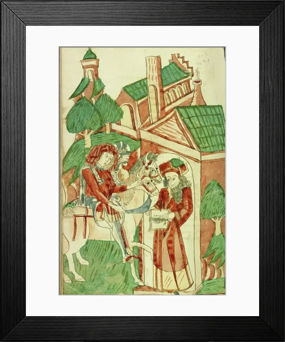 Framed Print : Two Horsemen of King Avenir before the Pagan Scholar Nachor; Barlaam und Josaphat, 1469. Creators: Hans Schilling, Diebolt Lauber Framed Print : Two Horsemen of King Avenir before the Pagan Scholar Nachor; Barlaam und Josaphat, 1469. Creators: Hans Schilling, Diebolt Lauber
