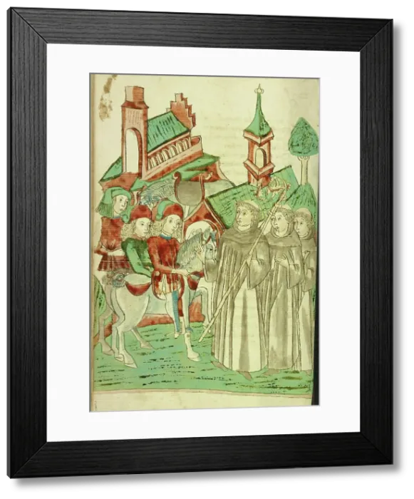Framed Print : Horsemen Meeting an Abbot and Two Monks at a Monastery; Barlaam und Josaphat, 1469. Creators: Hans Schilling, Diebolt Lauber Framed Print : Horsemen Meeting an Abbot and Two Monks at a Monastery; Barlaam und Josaphat, 1469. Creators: Hans Schilling, Diebolt Lauber