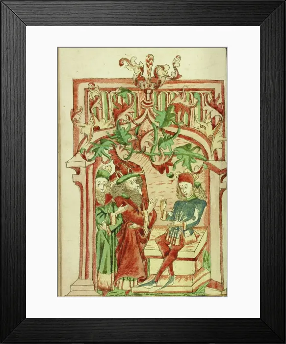 Framed Print : King Avenir and a Doctor come to Josaphat; Barlaam und Josaphat, 1469. Creators: Hans Schilling, Diebolt Lauber Framed Print : King Avenir and a Doctor come to Josaphat; Barlaam und Josaphat, 1469. Creators: Hans Schilling, Diebolt Lauber