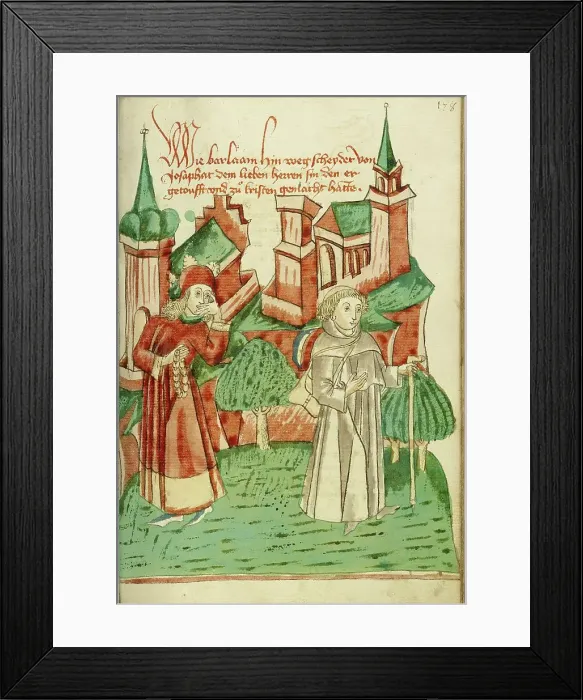 Framed Print : Barlaam Departs as Josaphat Watches him Sadly; Barlaam und Josaphat, 1469. Creators: Hans Schilling, Diebolt Lauber Framed Print : Barlaam Departs as Josaphat Watches him Sadly; Barlaam und Josaphat, 1469. Creators: Hans Schilling, Diebolt Lauber