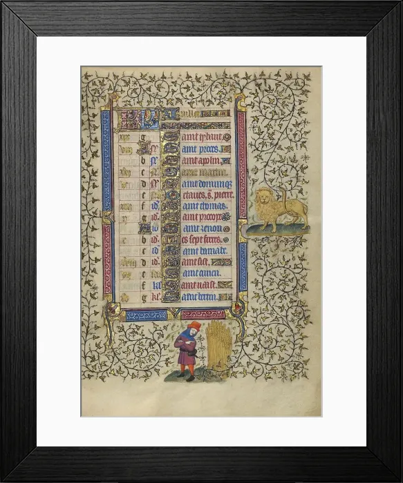 Framed Print : Calendar Page for July: Harvesting Wheat: Leo; Book of Hours, about 1410. Creator: Unknown Framed Print : Calendar Page for July: Harvesting Wheat: Leo; Book of Hours, about 1410. Creator: Unknown