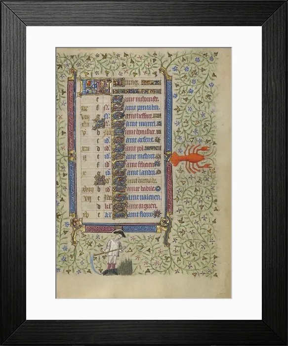 Framed Print : Calendar Page for June: Mowing: Cancer; Book of Hours, about 1410. Creator: Unknown Framed Print : Calendar Page for June: Mowing: Cancer; Book of Hours, about 1410. Creator: Unknown