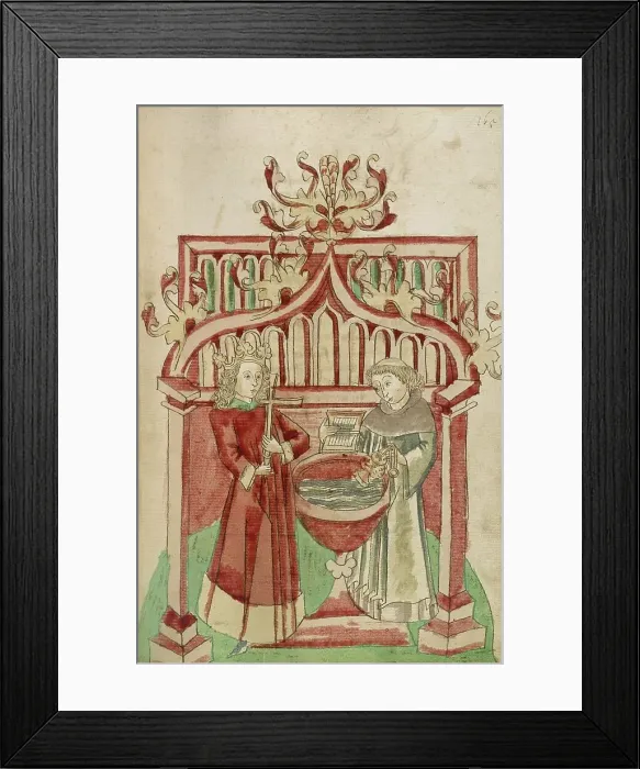 Framed Print : Josaphat before the Baptismal Font with a Tonsured Cleric; Barlaam und Josaphat, 1469. Creators: Hans Schilling, Diebolt Lauber Framed Print : Josaphat before the Baptismal Font with a Tonsured Cleric; Barlaam und Josaphat, 1469. Creators: Hans Schilling, Diebolt Lauber