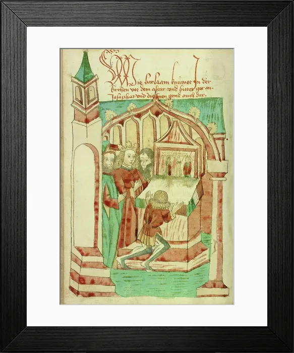 Framed Print : Barlaam Kneeling before an Altar with Josaphat Nearby; Barlaam und Josaphat, 1469. Creators: Hans Schilling, Diebolt Lauber Framed Print : Barlaam Kneeling before an Altar with Josaphat Nearby; Barlaam und Josaphat, 1469. Creators: Hans Schilling, Diebolt Lauber