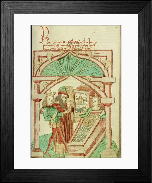 Framed Print : The King Showing his Son-in-Law a Chest of Silver and Gold; Barlaam und Josaphat, 1469. Creators: Hans Schilling, Diebolt Lauber Framed Print : The King Showing his Son-in-Law a Chest of Silver and Gold; Barlaam und Josaphat, 1469. Creators: Hans Schilling, Diebolt Lauber