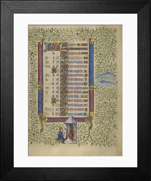 Framed Print : Calendar Page for February: Keeping Warm: Pisces; Book of Hours, about 1410. Creator: Unknown Framed Print : Calendar Page for February: Keeping Warm: Pisces; Book of Hours, about 1410. Creator: Unknown