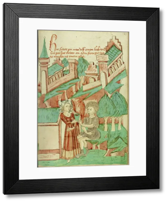 Framed Print : A Young Woman Giving Something to Drink to a Man in Torn Clothing; Barlaam und Josaphat, 1469. Creators: Hans Schilling, Diebolt Lauber Framed Print : A Young Woman Giving Something to Drink to a Man in Torn Clothing; Barlaam und Josaphat, 1469. Creators: Hans Schilling, Diebolt Lauber