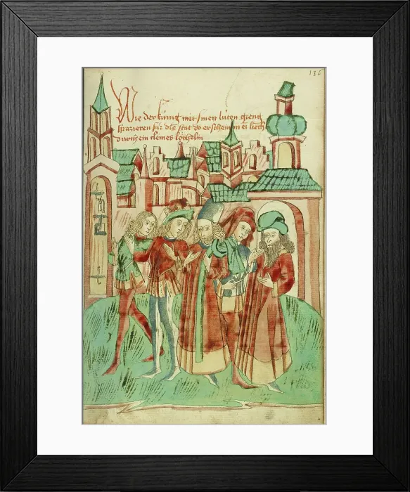 Framed Print : The King with His Court Strolling Outside the City Sees a Light in a Door Aperture, 1469. Creators: Hans Schilling, Diebolt Lauber Framed Print : The King with His Court Strolling Outside the City Sees a Light in a Door Aperture, 1469. Creators: Hans Schilling, Diebolt Lauber