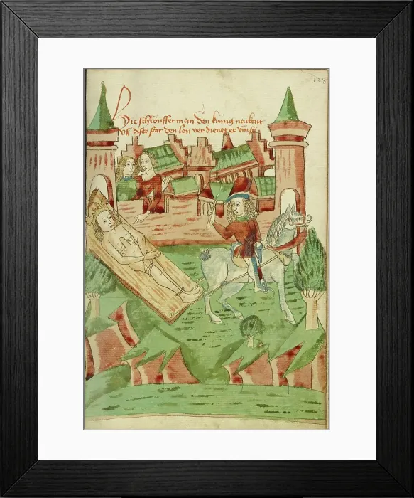 Framed Print : A Naked King, tied to a board, is dragged from the city; Barlaam und Josaphat, 1469. Creators: Hans Schilling, Diebolt Lauber Framed Print : A Naked King, tied to a board, is dragged from the city; Barlaam und Josaphat, 1469. Creators: Hans Schilling, Diebolt Lauber