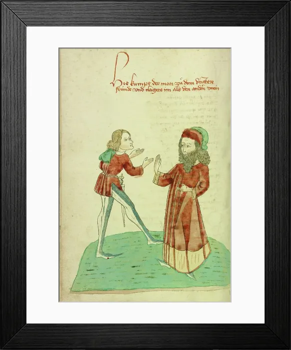 Framed Print : A Young Man Meeting an Older Bearded Man; Barlaam und Josaphat, 1469. Creators: Hans Schilling, Diebolt Lauber Framed Print : A Young Man Meeting an Older Bearded Man; Barlaam und Josaphat, 1469. Creators: Hans Schilling, Diebolt Lauber