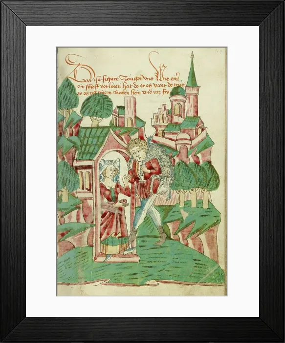 Framed Print : Shepherd Returning with Lost Sheep; Barlaam und Josaphat, 1469. Creators: Hans Schilling, Diebolt Lauber Framed Print : Shepherd Returning with Lost Sheep; Barlaam und Josaphat, 1469. Creators: Hans Schilling, Diebolt Lauber
