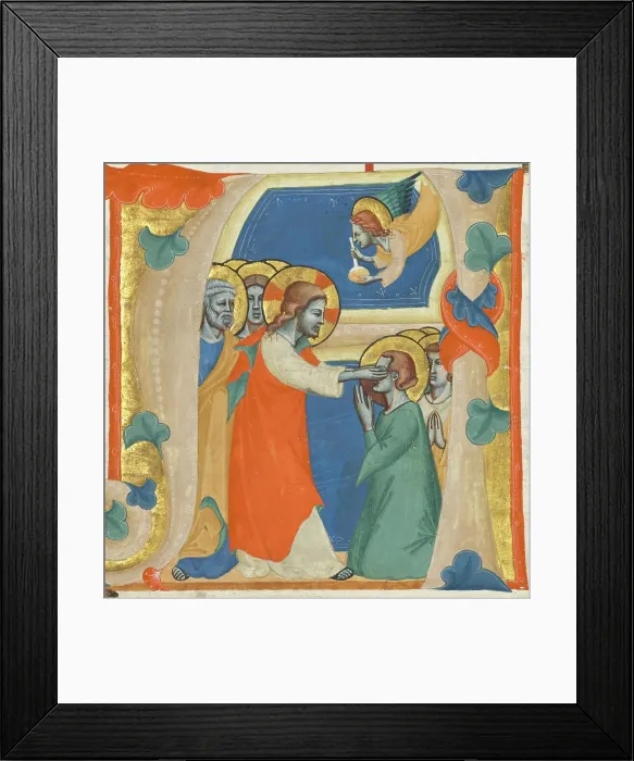 Framed Print : Initial A: Christ Wiping the Tears from the Eyes of the Saved, about 1330-1340. Creator: Master of the Antiphonary of San Giovanni Fuorcivitas Framed Print : Initial A: Christ Wiping the Tears from the Eyes of the Saved, about 1330-1340. Creator: Master of the Antiphonary of San Giovanni Fuorcivitas