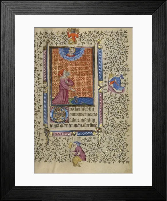 Framed Print : Job Pointing to a Cloak on the Ground; Book of Hours, about 1410. Creator: Unknown Framed Print : Job Pointing to a Cloak on the Ground; Book of Hours, about 1410. Creator: Unknown