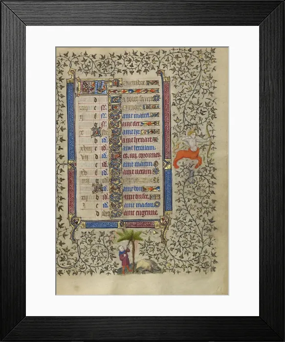 Framed Print : Calendar Page for November: Gathering Acorns for Pigs: Sagittarius; Book of Hours, about 1410. Creator: Unknown Framed Print : Calendar Page for November: Gathering Acorns for Pigs: Sagittarius; Book of Hours, about 1410. Creator: Unknown