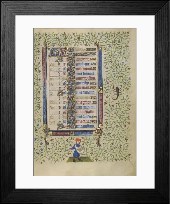 Framed Print : Calendar Page for October: Sowing: Scorpio; Book of Hours, about 1410. Creator: Unknown Framed Print : Calendar Page for October: Sowing: Scorpio; Book of Hours, about 1410. Creator: Unknown