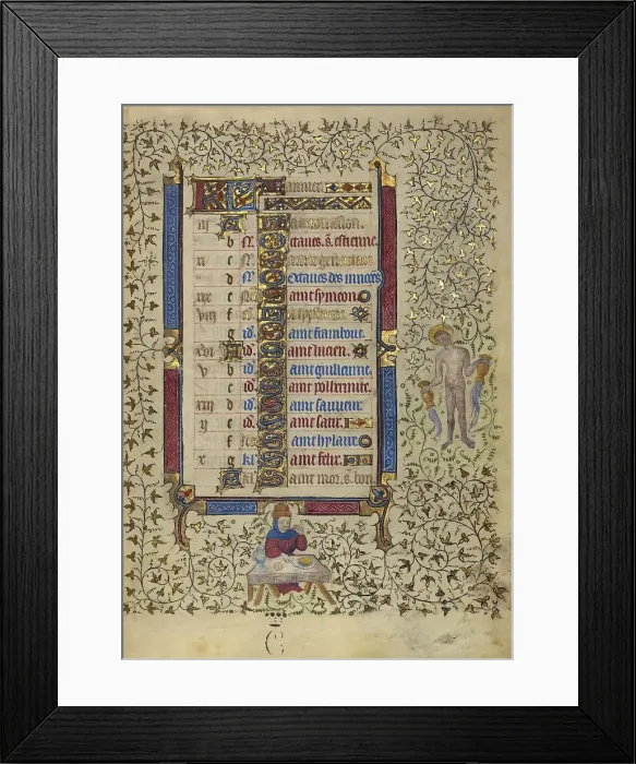 Framed Print : Calendar Page for January: Feasting: Aquarius; Book of Hours, about 1410. Creator: Unknown Framed Print : Calendar Page for January: Feasting: Aquarius; Book of Hours, about 1410. Creator: Unknown