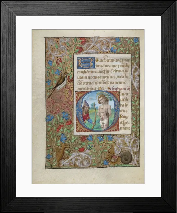 Framed Print : Initial O: Saint Sebastian; Book of Hours, about 1480-1490. Creator: Georges Trubert Framed Print : Initial O: Saint Sebastian; Book of Hours, about 1480-1490. Creator: Georges Trubert
